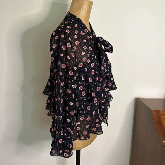 Misa Los Angeles sz XS navy floral print blouse with ruffles tie at chest EUC - Picture 3 of 9